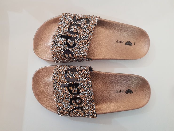 Rose gold Claquette d'été décontractées pour femmes Chaussures d'extérieur en cristal Filles