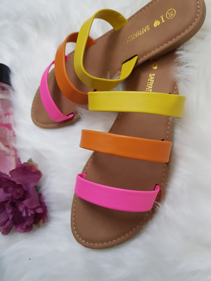 Sandales plates pour femme d'été rose jaune